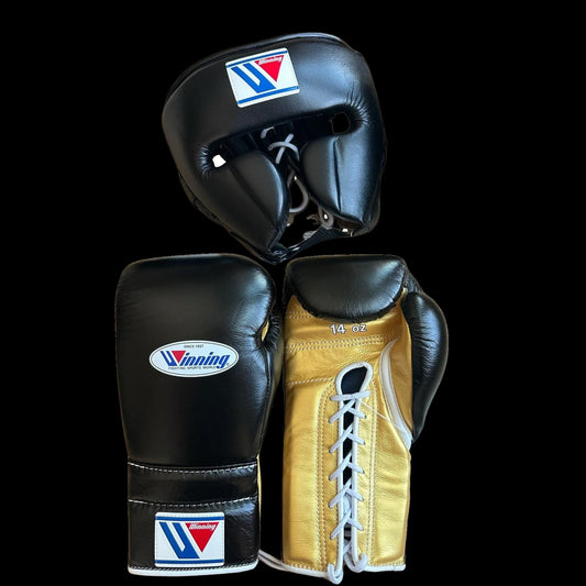 Black Gold Winning Boxing Gloves set, Winning Boxing Glove winning head guard, winning boxing set Winning Lace up Boxing Glove set, Boxing Glove set, Winning boxing gear set, PF Fitness Gear, Winning set, PF FITNESS GEAR