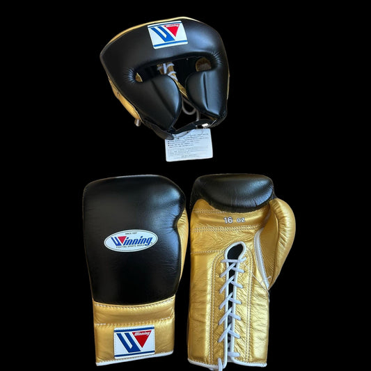 Black Gold Winning Boxing Gloves set, Winning Boxing Glove winning head guard, winning boxing set Winning Lace up Boxing Glove set, Boxing Glove set, Winning boxing gear set, PF Fitness Gear, Winning set, PF FITNESS GEAR