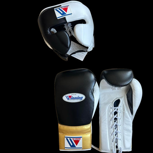 Black White gold Winning Boxing Gloves set, Winning Boxing Glove winning head guard, winning boxing set Winning Lace up Boxing Glove set, Boxing Glove set, Winning boxing gear set, PF Fitness Gear