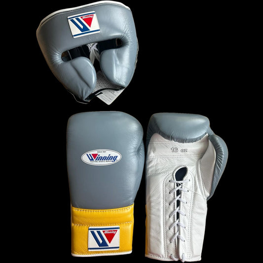 Grey Yellow White Winning Boxing Gloves set, Winning Boxing Glove winning head guard, winning boxing set Winning Lace up Boxing Glove set, Boxing Glove set, Winning boxing gear set, PF Fitness Gear, Winning set, PF FITNESS GEAR