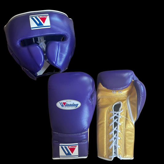 Purple Gold Winning Boxing Gloves set, Winning Boxing Glove winning head guard, winning boxing set Winning Lace up Boxing Glove set, Boxing Glove set, Winning boxing gear set, PF Fitness Gear, Winning set, PF FITNESS GEAR winning gear, winning Boxing Glove, Winning groins