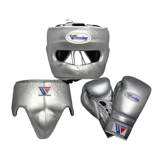 Winning training boxing set Silver leather laceup gloves