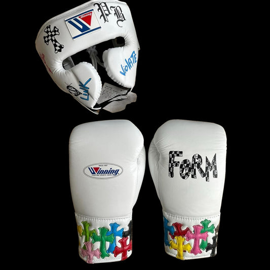 White Cross Winning Boxing Gloves set, Winning Boxing Glove winning head guard, winning boxing set Winning Lace up Boxing Glove set, Boxing Glove set, Winning boxing gear set, PF Fitness Gear, Winning set, PF FITNESS GEAR winning gear, winning Boxing Glove, Winning groins, Winning Frame head Guard