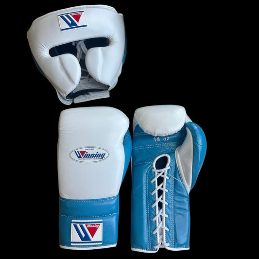 White Sky Blue Winning Boxing Gloves set, Winning Boxing Glove winning head guard, winning boxing set Winning Lace up Boxing Glove set, Boxing Glove set, Winning boxing gear set, PF Fitness Gear, Winning set, PF FITNESS GEAR winning gear, winning Boxing Glove, Winning groins, Winning Frame head Guard, winning Boxing Set, Focus pads, Gloves for Gym, Fight Gloves