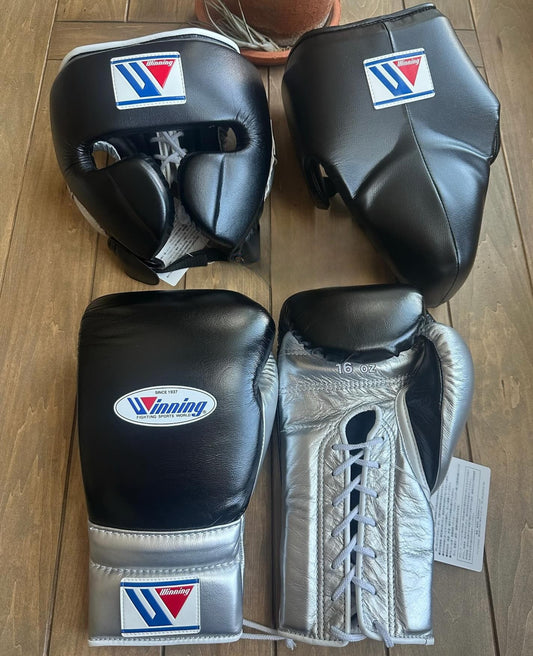 Winning Boxing Glove set, Winning Boxing gear, Black Silver winning boxing set Winning Lace up Boxing Glove set, Boxing Glove set, Winning boxing gear set, PF Fitness Gear, Winning set, PF FITNESS GEAR winning gear, winning Boxing Glove, Winning groins, Winning head Gear, winning Boxing Set