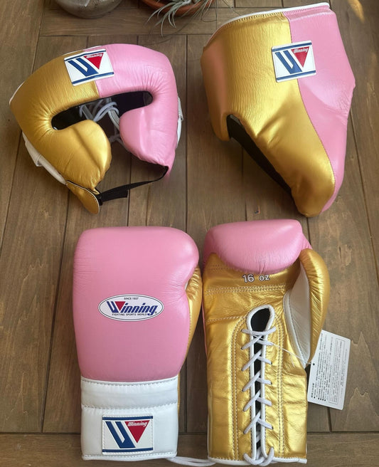 Winning Boxing Glove set, Winning Boxing gear, Pink Gold white winning boxing set Winning Lace up Boxing Glove set, Boxing Glove set, Winning boxing gear set, PF Fitness Gear, Winning set, PF FITNESS GEAR winning gear, winning Boxing Glove, Winning groins, Winning head Gear, winning Boxing Set