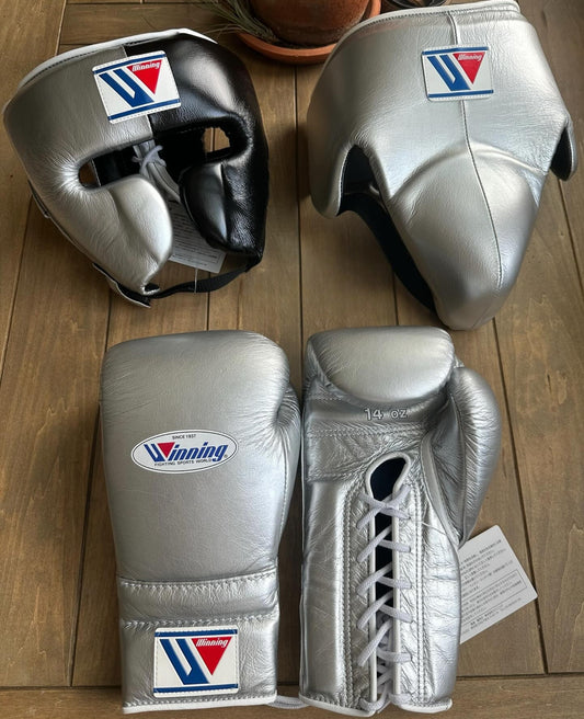 Winning Boxing Glove set, Winning Boxing gear, Silver Black winning boxing set Winning Lace up Boxing Glove set, Boxing Glove set, Winning boxing gear set, PF Fitness Gear, Winning set, PF FITNESS GEAR winning gear, winning Boxing Glove, Winning groins, Winning head Gear, winning Boxing Set