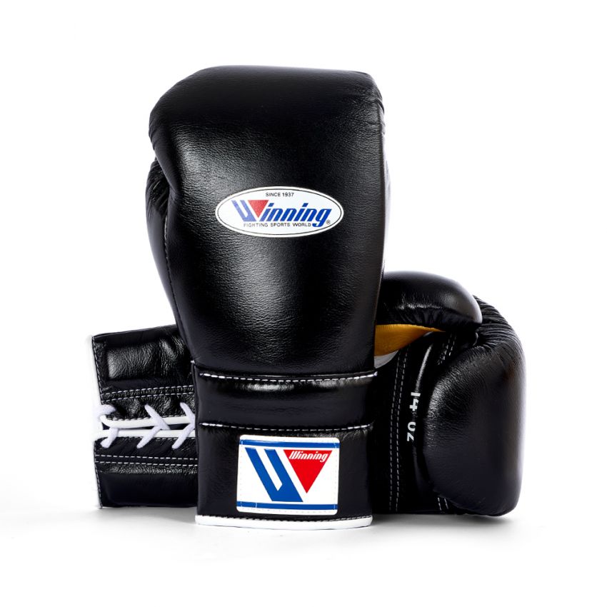 Winning Training boxing gloves Black Golden Leather Lace up - Velcro