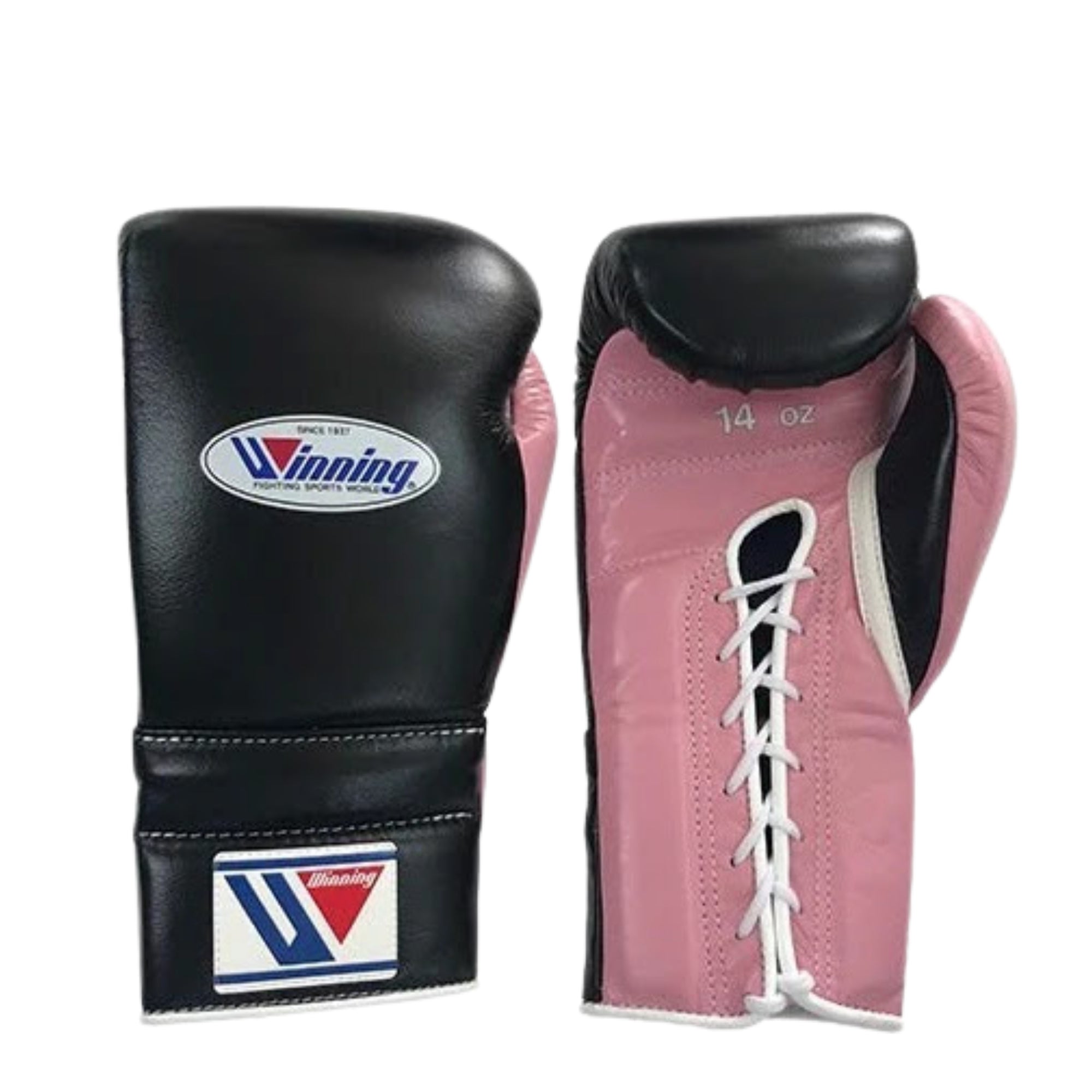 Winning Training boxing gloves Black Pink Leather Lace up - Velcro