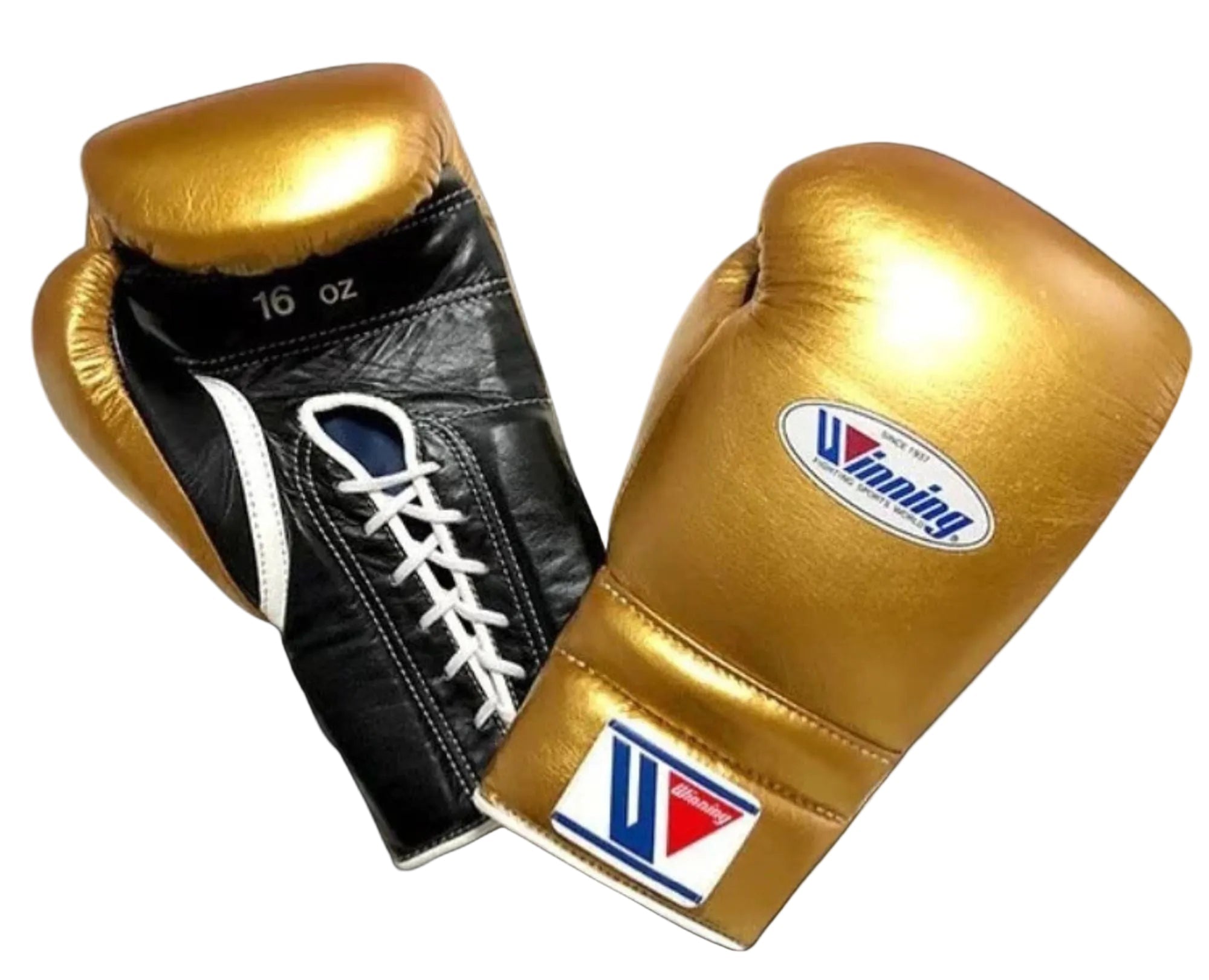 Winning Trainning boxing gloves Black Gold Leather Lace up - Velcro