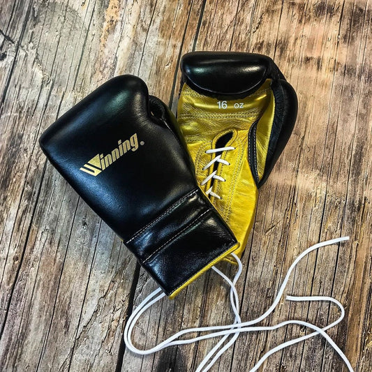 Winning boxing gloves Affordable Black Gold Leather Lace up