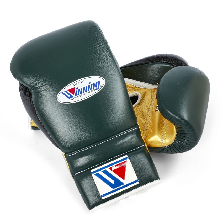 Winning boxing gloves Green Gold Leather 14oz Lace up - Velcro