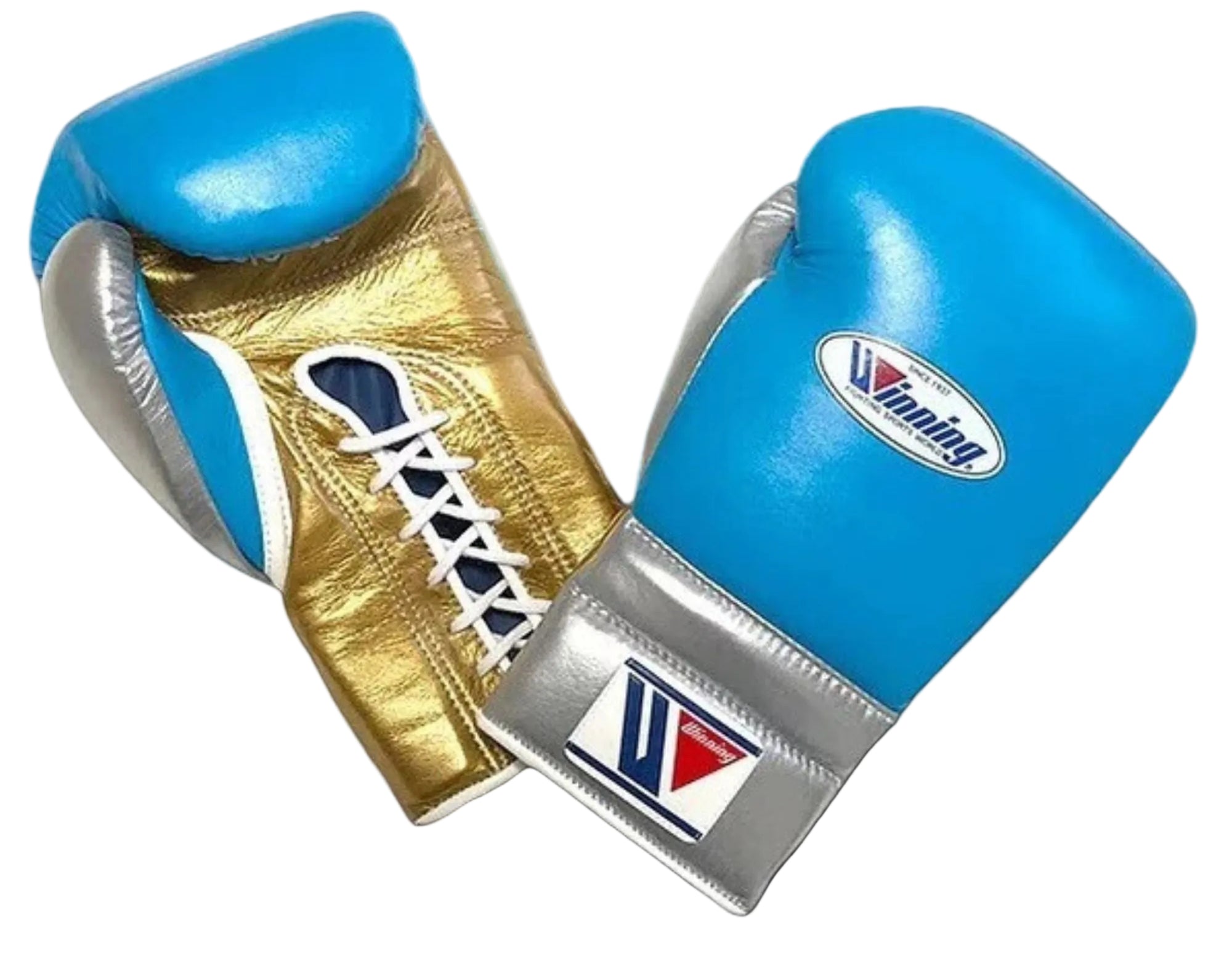Winning boxing gloves Sky Blue Golden Leather Lace up - Velcro