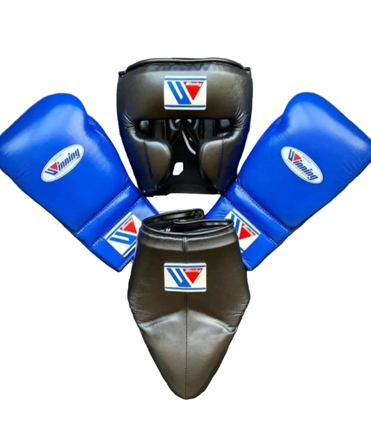 Winning boxing set BLUE Black Leather gloves laceup