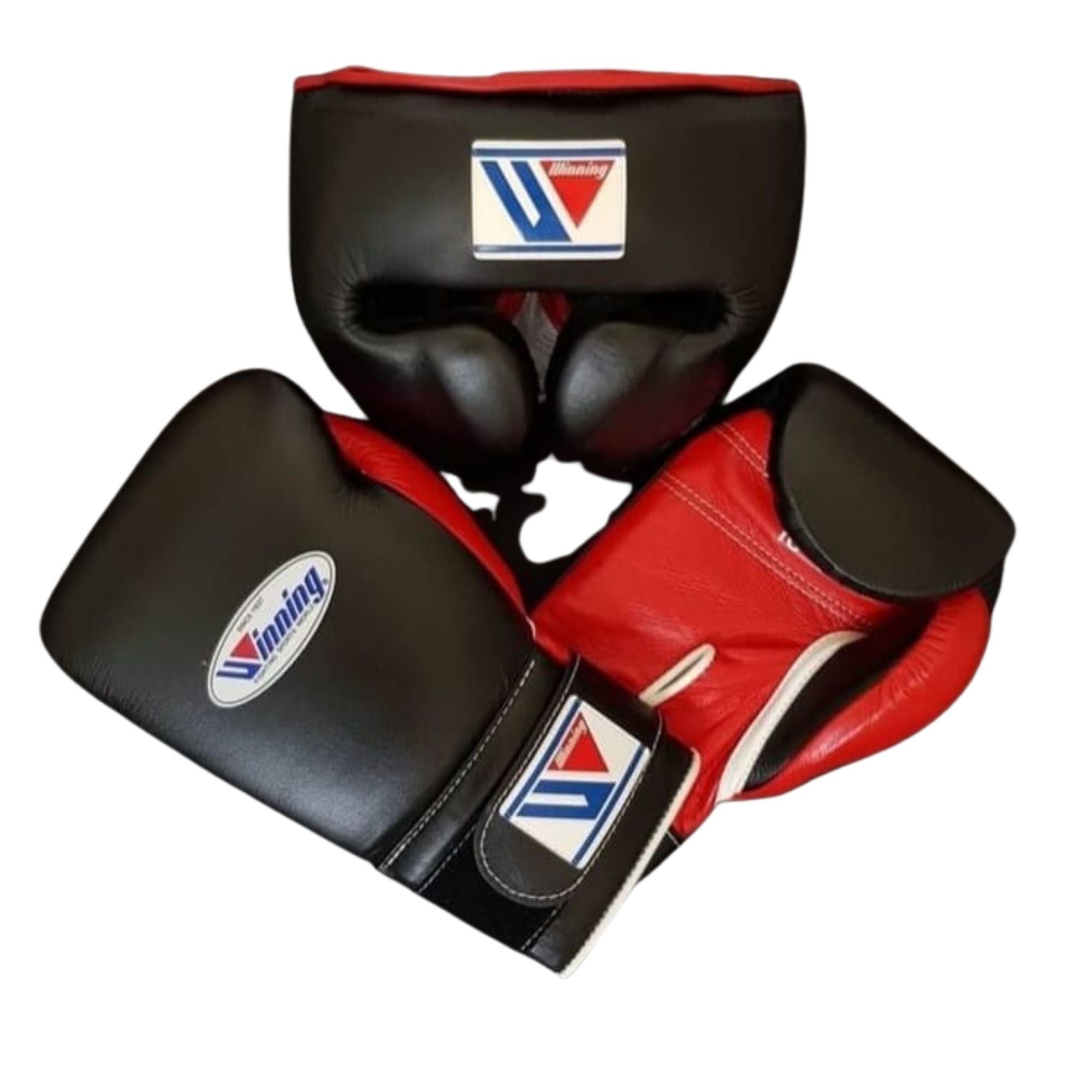 Custom Winning boxing gloves set Red Black Leather Lace up - Velcro