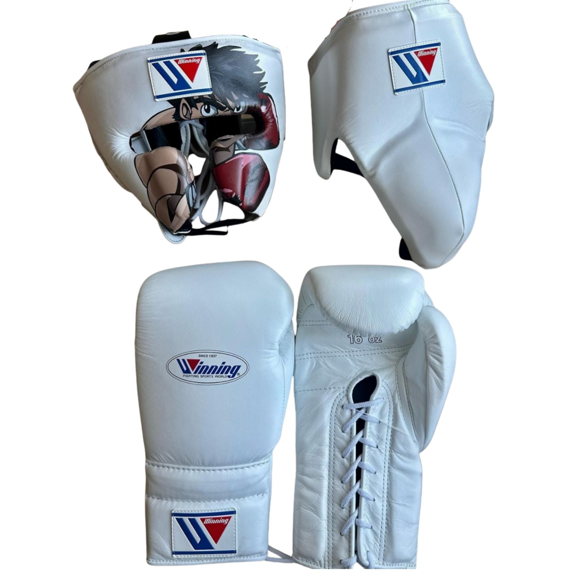 Winning boxing gloves set White Leather ippo Head protector groin protector