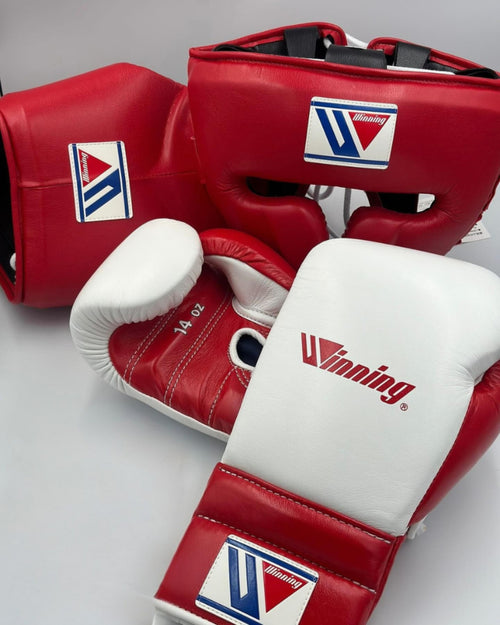 Affordable Winning Boxing Gloves set White Red Leather Lace up