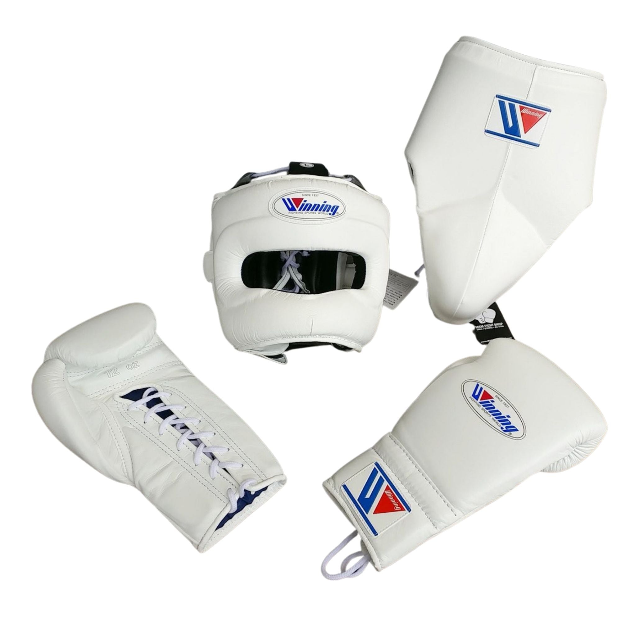 Affordable Winning Training boxing gloves set White Leather Lace up - Velcro