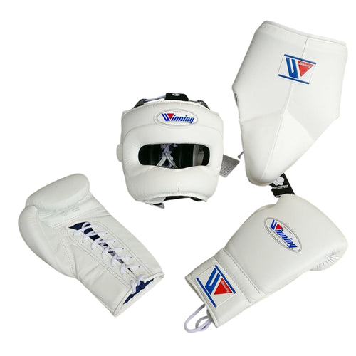 Affordable Winning Training boxing gloves set White Leather Lace up - Velcro