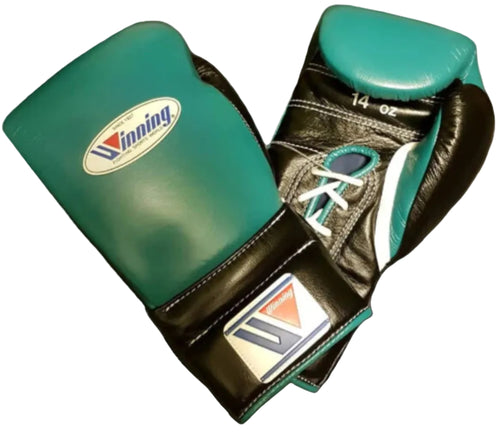 Affordable Winning boxing gloves Black Green Leather Lace up - Velcro