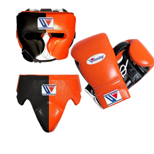 Affordable Winning boxing gloves set Black Orange Leather 10oz Lace up - Velcro