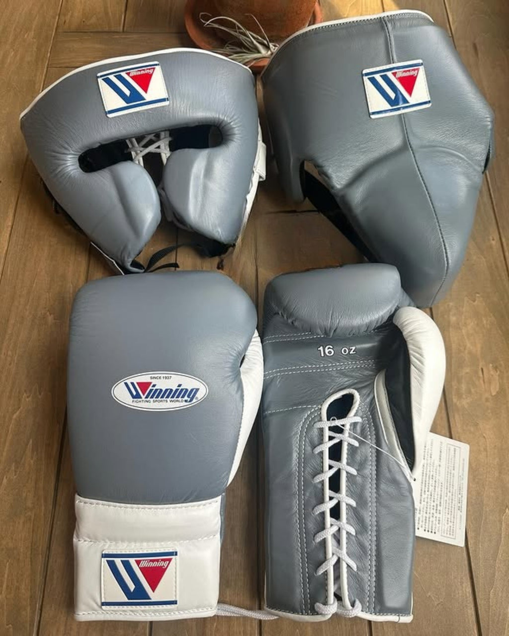 Custom Winning Boxing Gloves set Grey White Leather