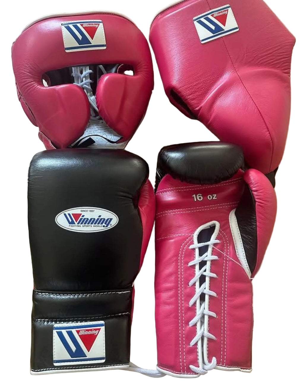 Custom Winning Boxing Gloves set Pink Black Leather laceup