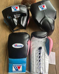 Custom Winning Boxing set Black Pink with Head & Groin GUARD