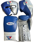 Custom Winning Boxing set Blue Silver Leather Lace up velcro gloves