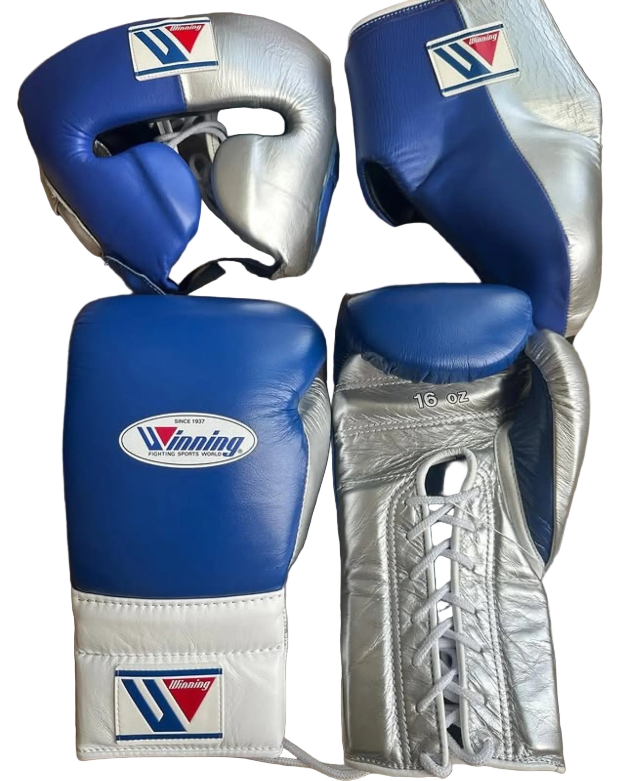 Custom Winning Boxing set Blue Silver Leather Lace up velcro gloves