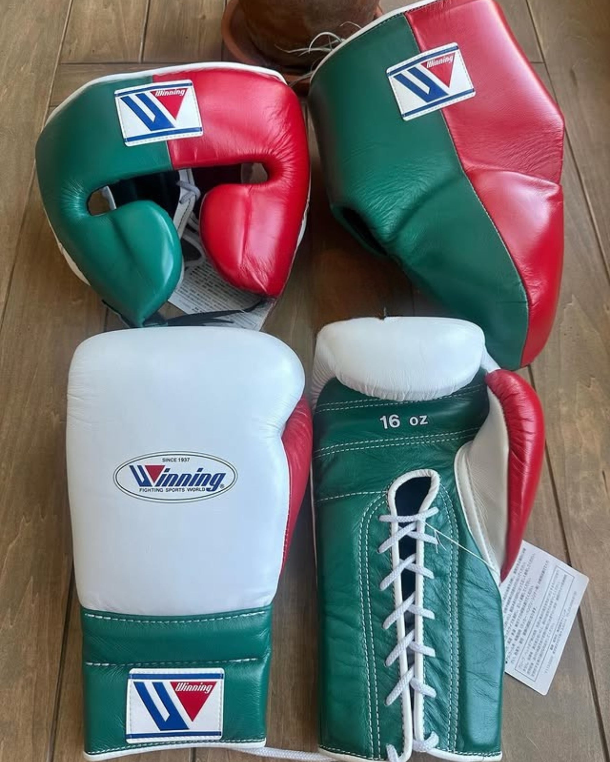 Custom Winning Boxing set Red White Green Leather Nose & Groin Protection