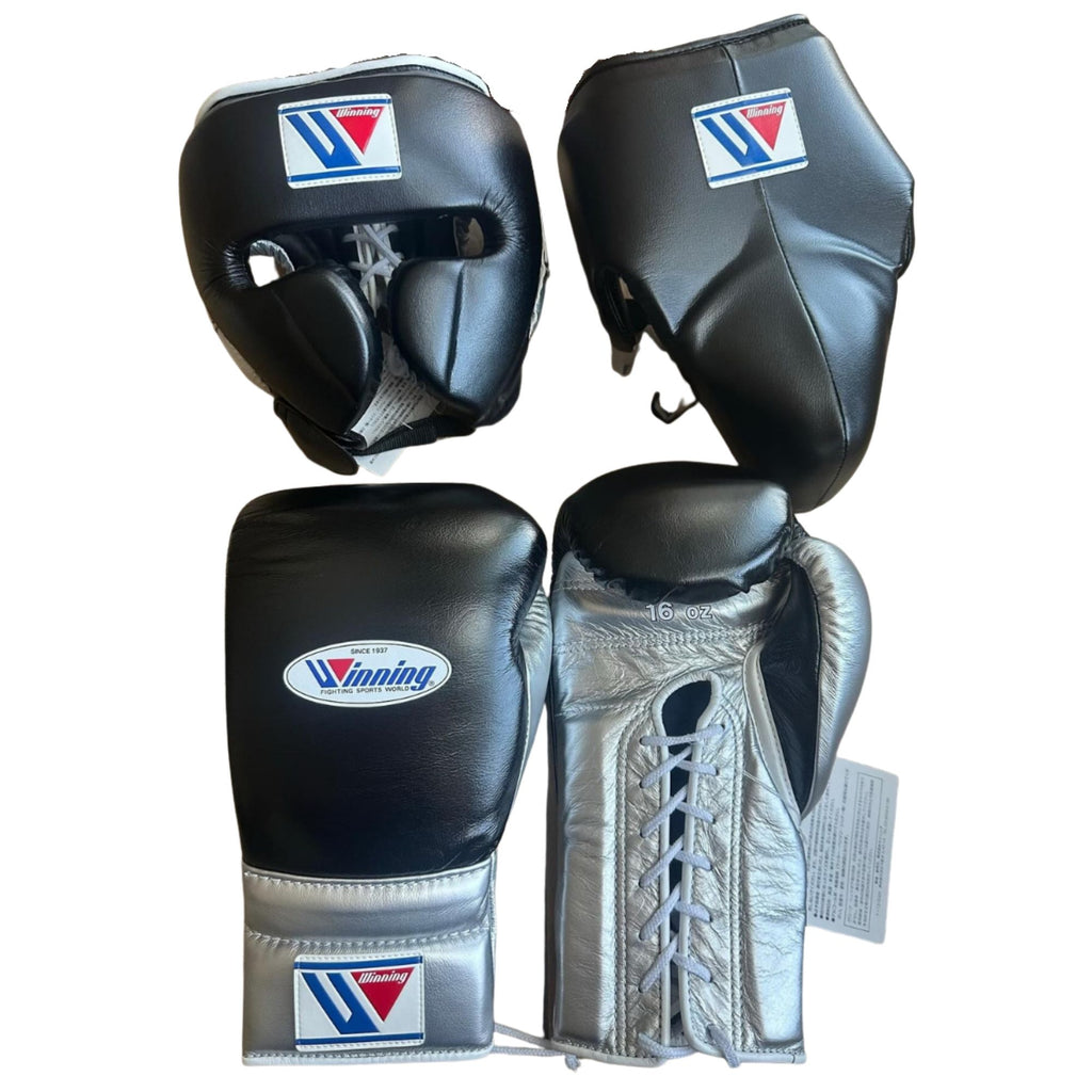 Custom Winning Training boxing gloves Black Silver Leather
