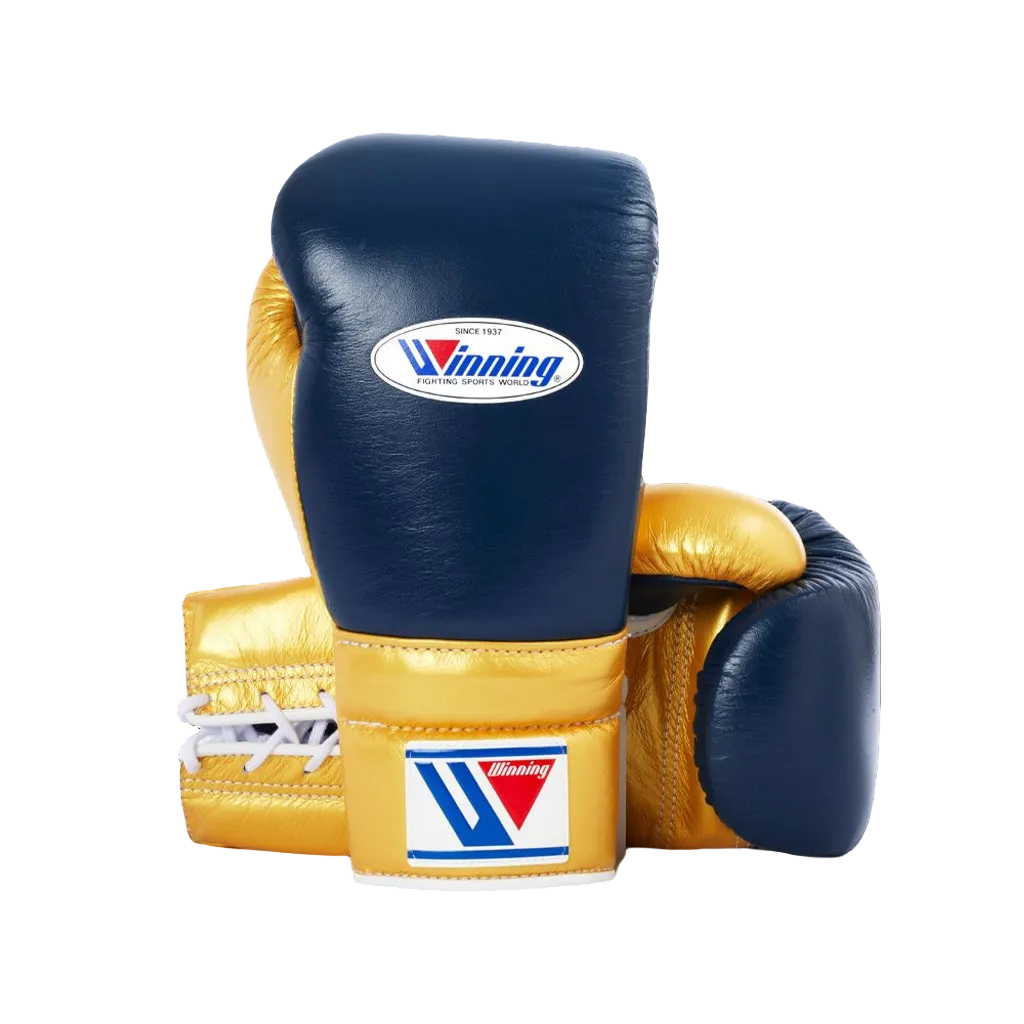 Custom Winning boxing gloves Blue Gold Leather 16oz Lace up