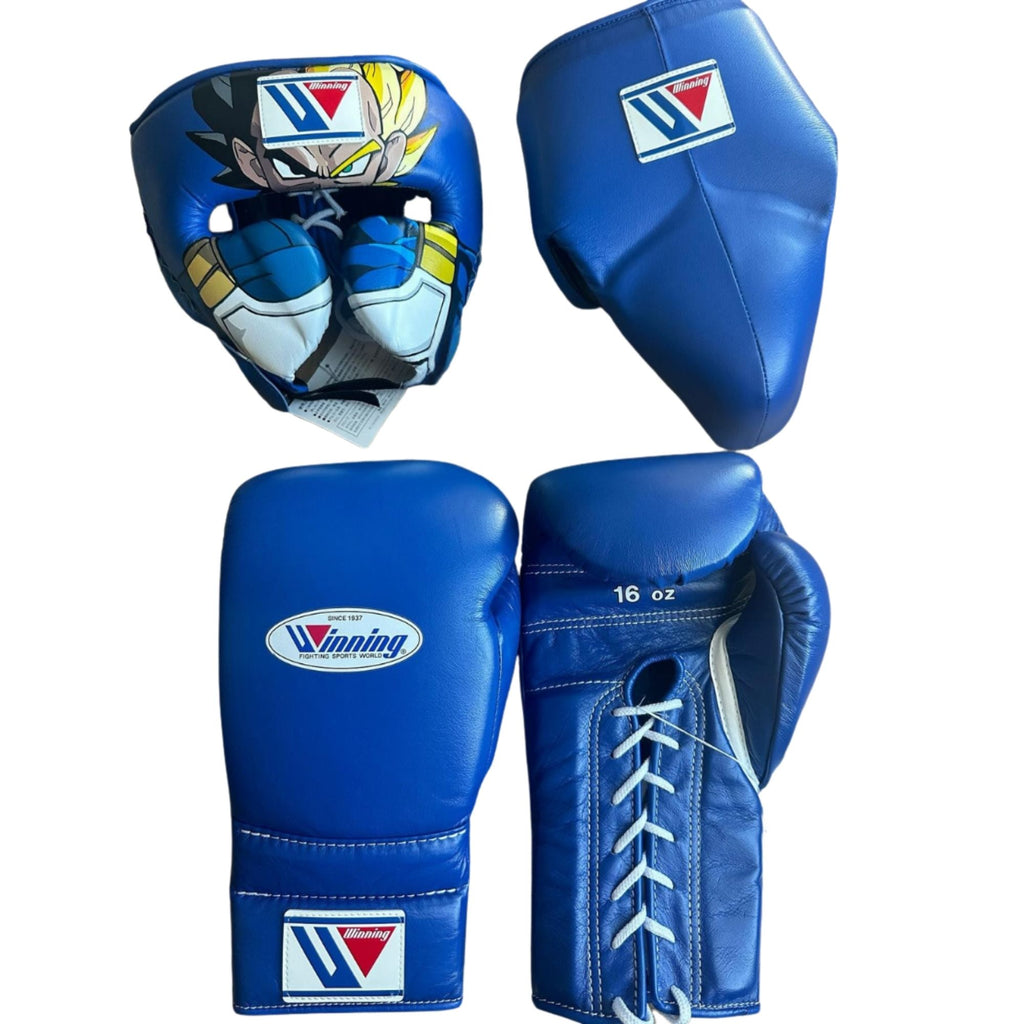 Custom Winning boxing gloves SET Blue Leather Vegeta Head Groin Guard