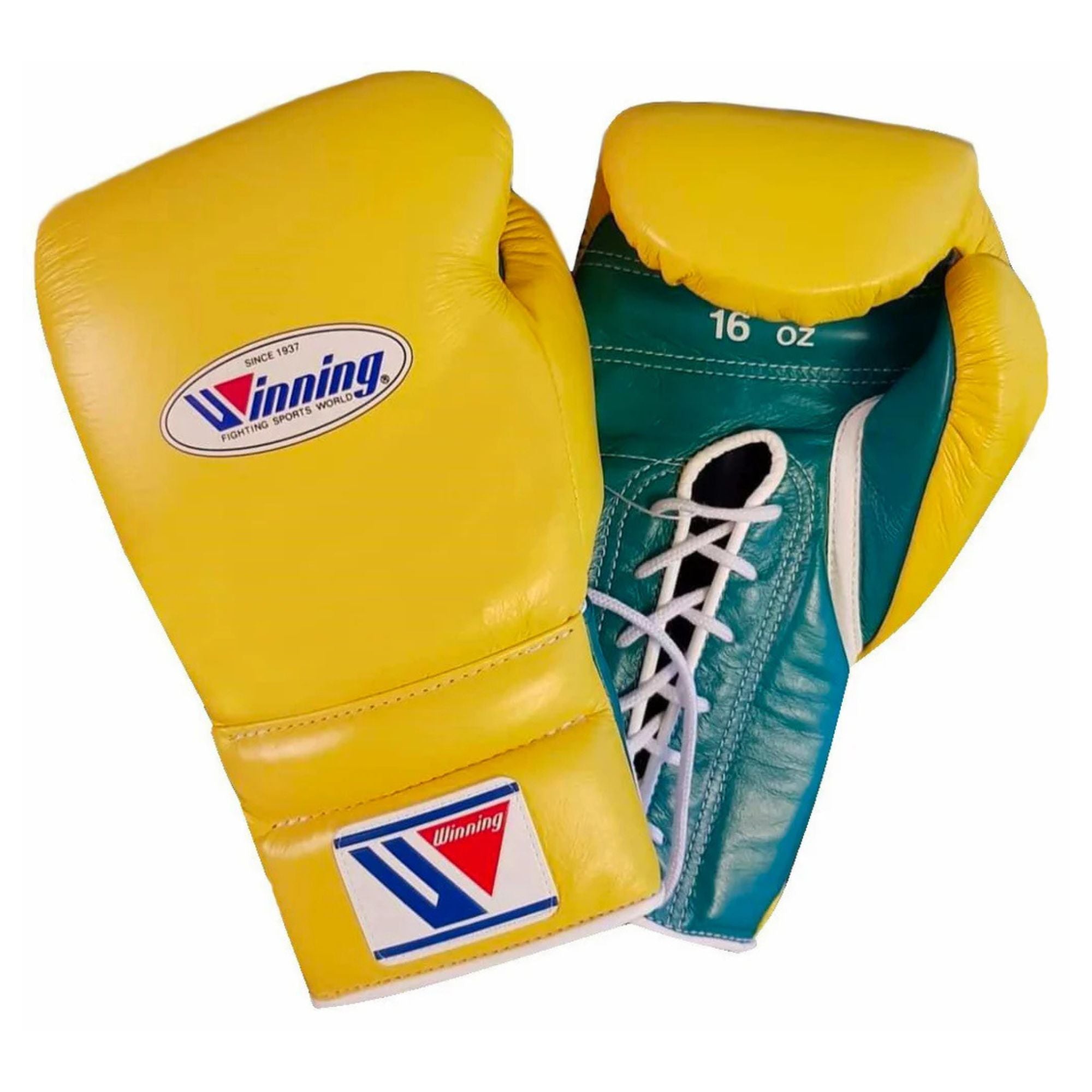 Custom Winning boxing gloves Yellow Green Leather Lace up - Velcro