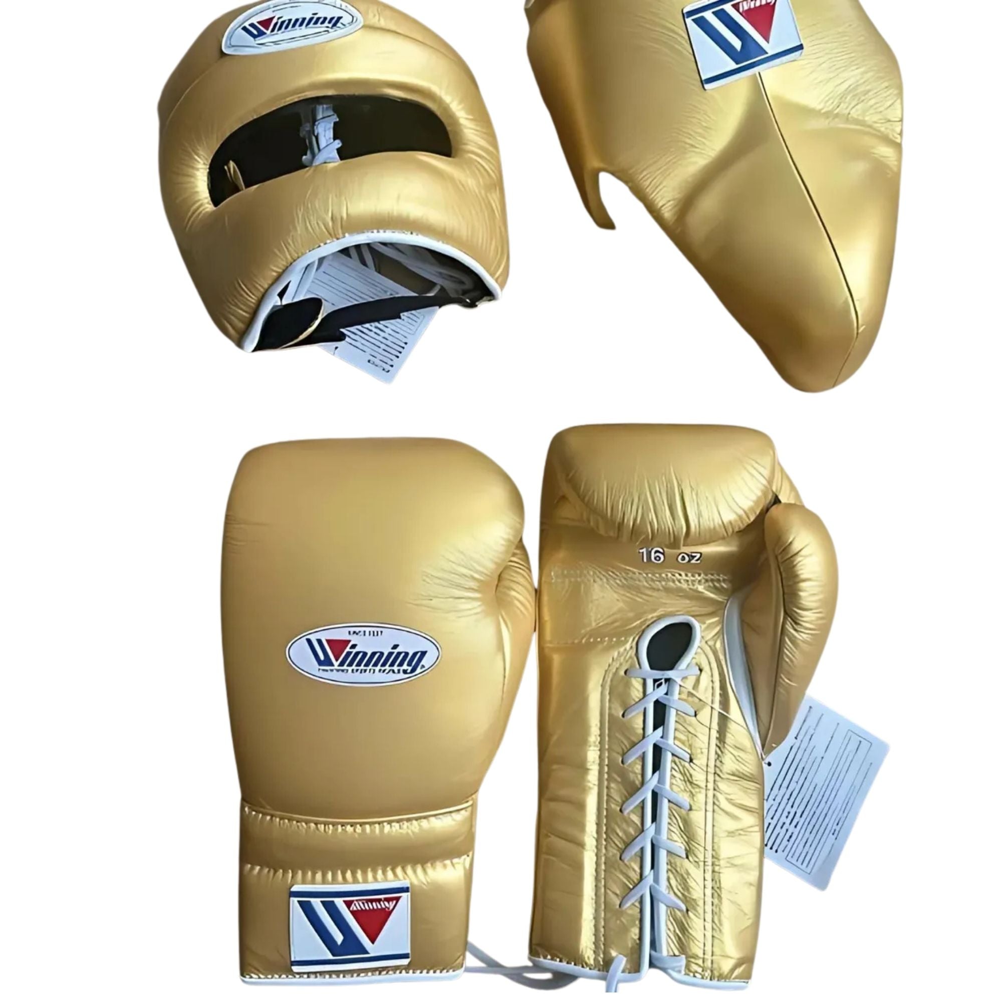 Custom Winning boxing set Gold Leather Head & Groin Protector 