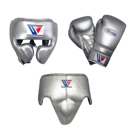 Custom Winning boxing set  Silver Leather laceup gloves