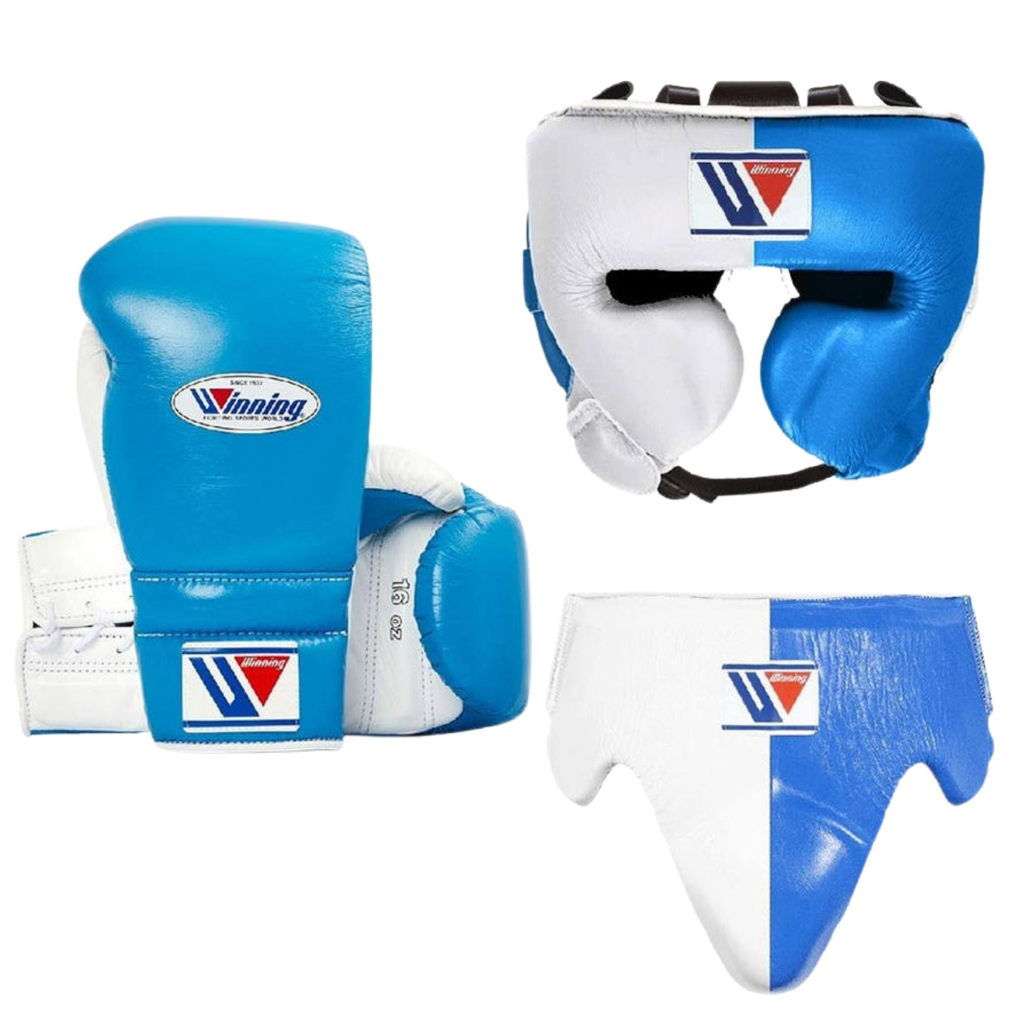 Custom Winning training boxing gloves set Sky Blue White Leather Lace up - Velcro