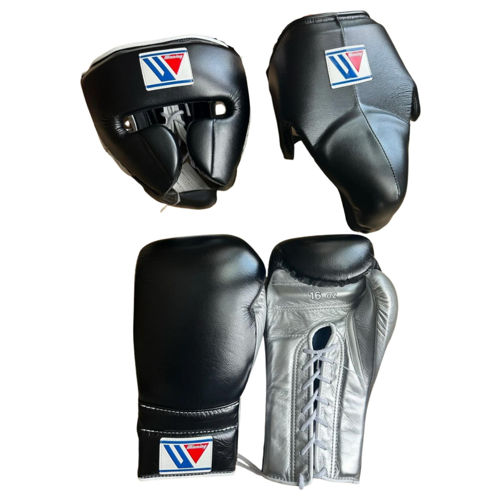Custom name Winning boxing gloves set Black Silver Leather 