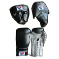 Custom name Winning boxing gloves set Black Silver Leather 