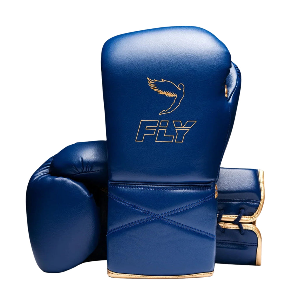 Fly boxing gloves Blue Golden Leather Lace up