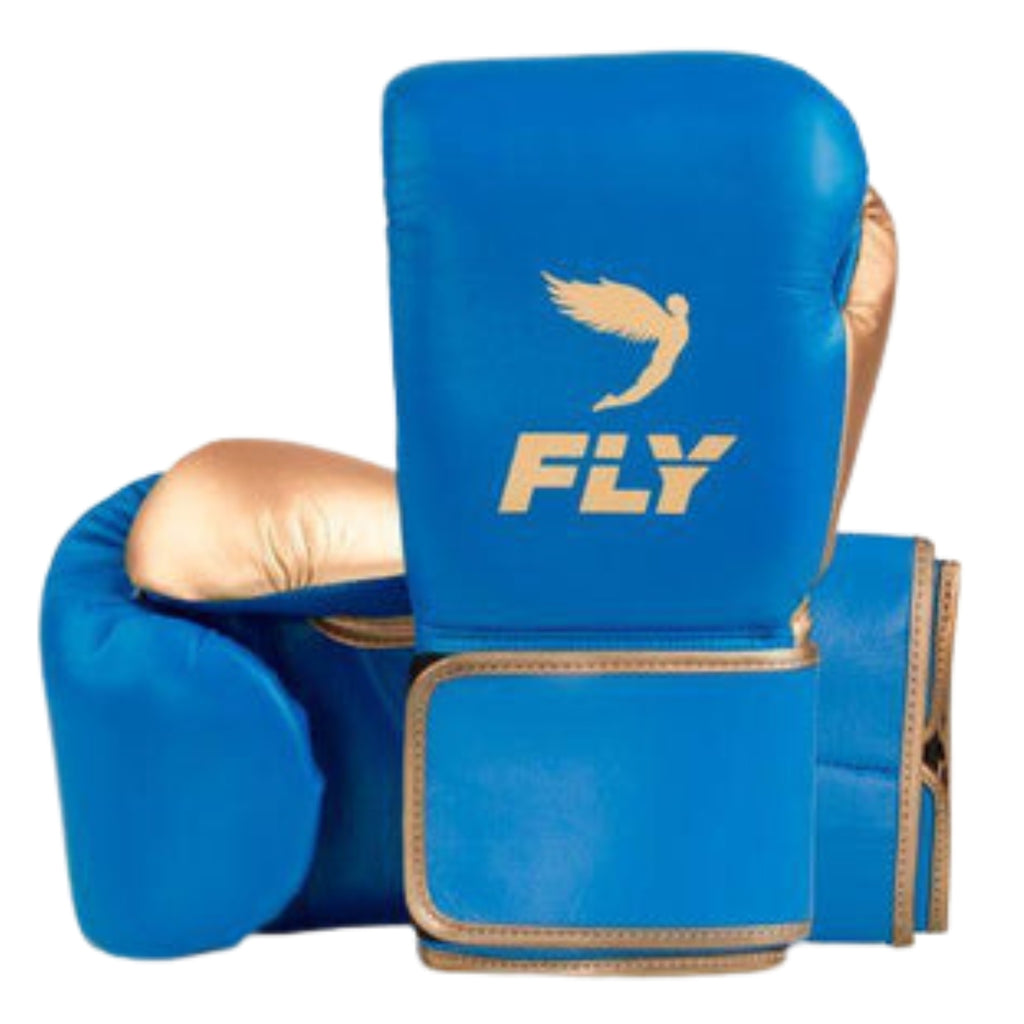 Fly boxing gloves Blue Golden Leather Velcro Strap