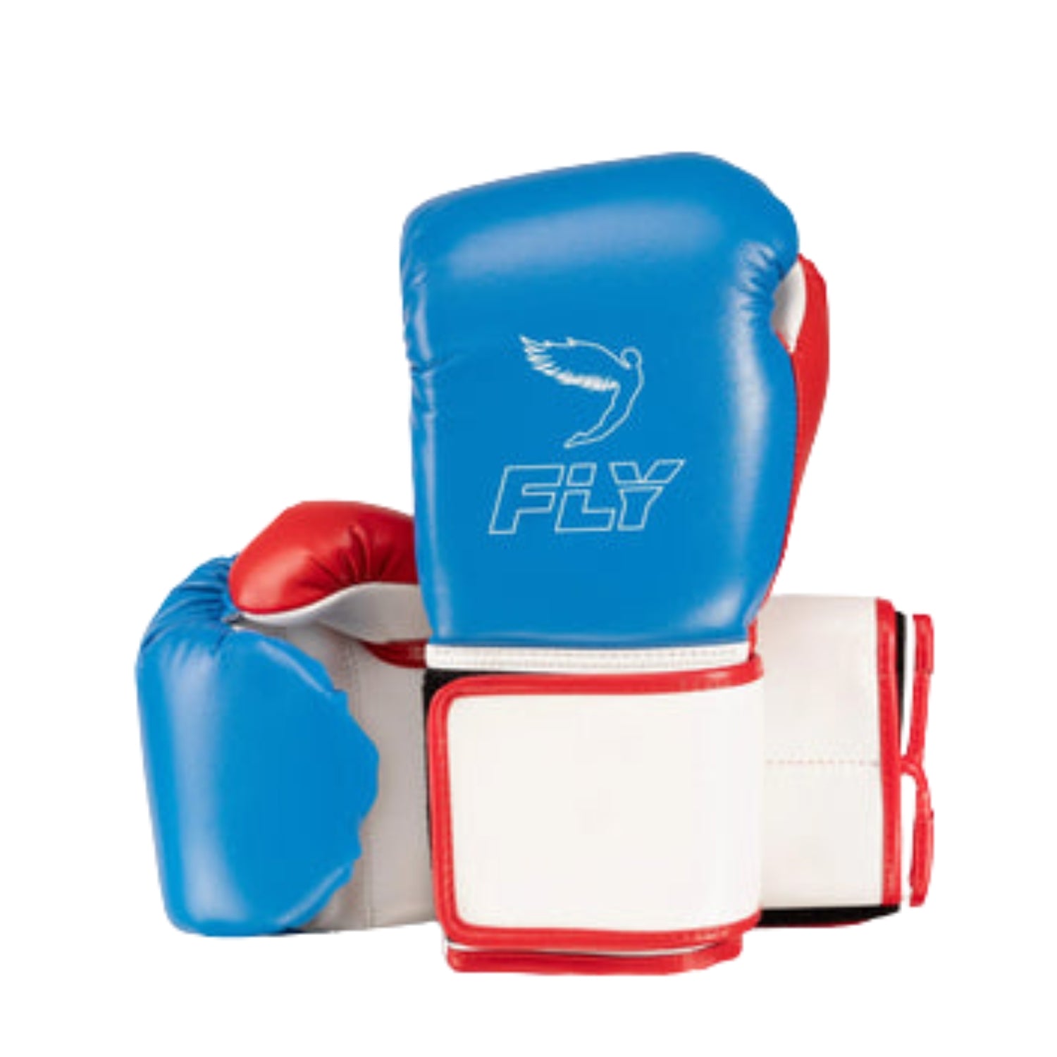 Blue, red, and white boxing gloves with 'Fly' branding on a white background