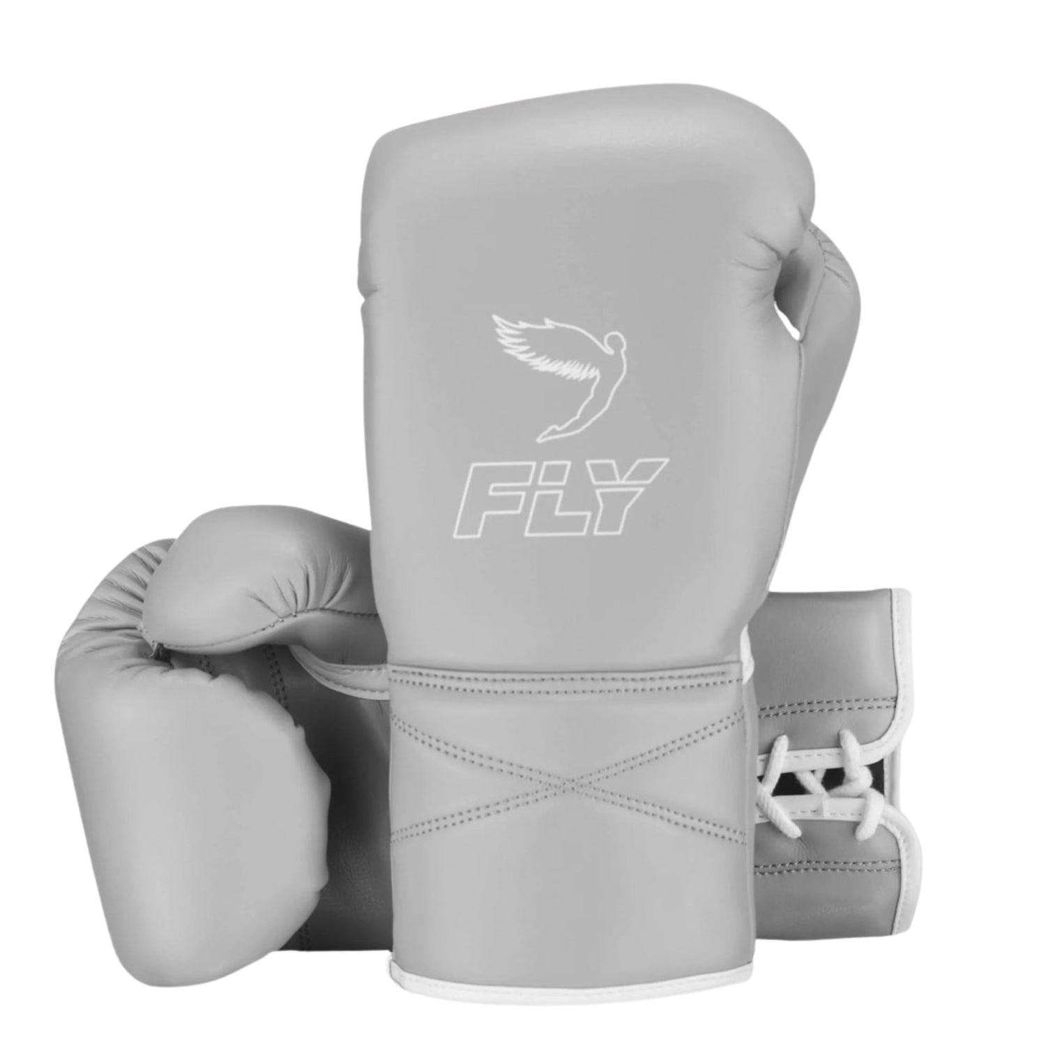 Gray boxing gloves with 'Fly' logo on a white background