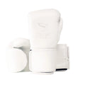 White boxing gloves with a Fly brand logo on a white leather