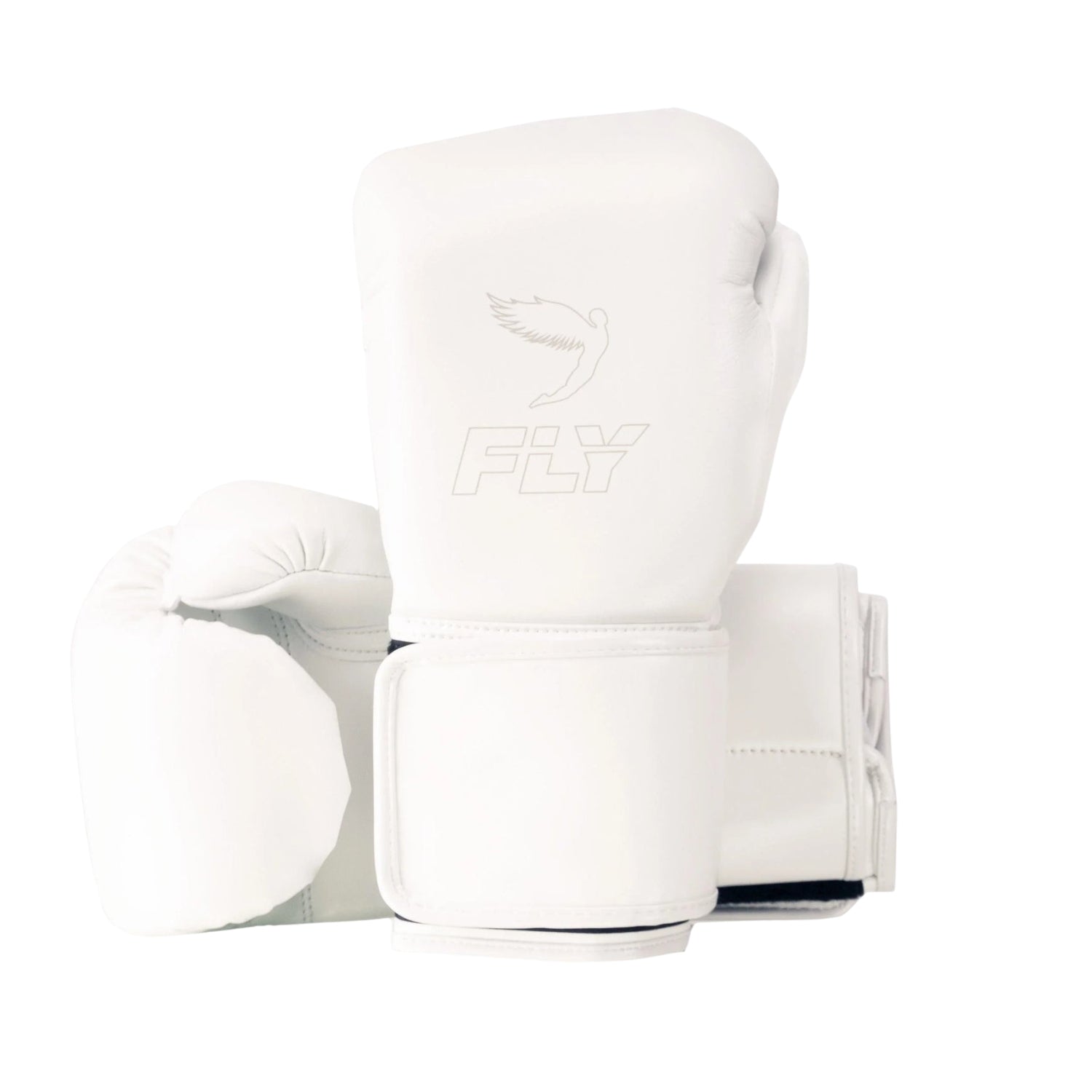 White boxing gloves with a Fly brand logo on a white leather