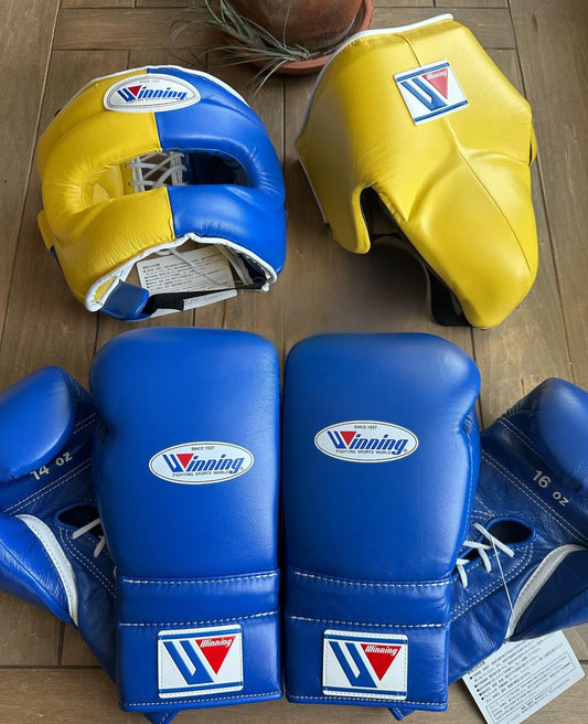 Winning Boxing Glove set, Winning Boxing gear, Yellow Blue winning boxing set Winning Lace up Boxing Glove set, Boxing Glove set, Winning boxing gear set, PF Fitness Gear, Winning set, PF FITNESS GEAR winning gear, winning Boxing Glove, Winning groins, Winning head Gear, winning Boxing Set