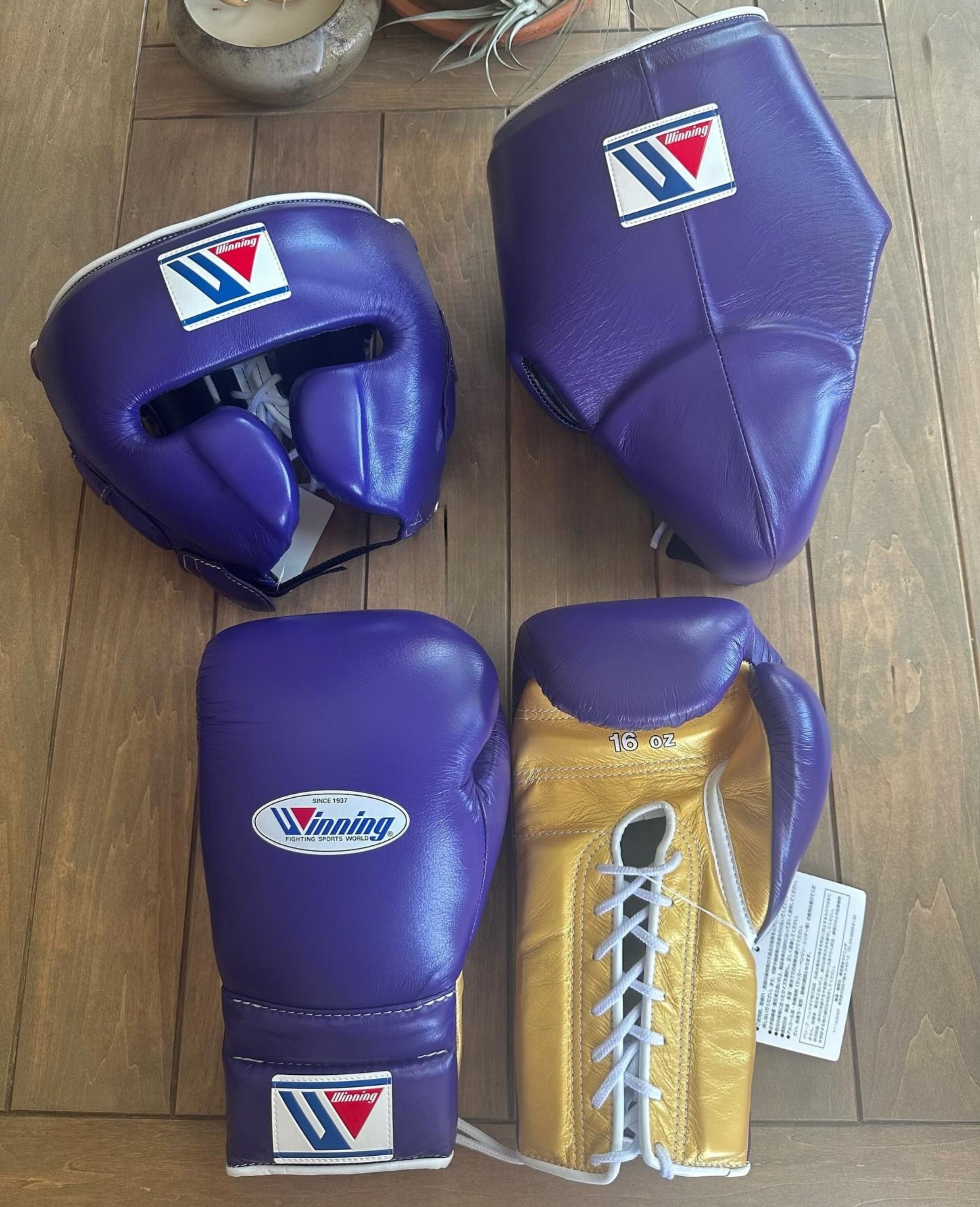 Winning Boxing Glove set, Winning Boxing gear, winning boxing set Winning Lace up Purple Gold Boxing Glove set, Boxing Glove set, Winning boxing gear set, PF Fitness Gear, Winning set, PF FITNESS GEAR winning gear, winning Boxing Glove, Winning groins, Winning head Gear