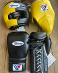 Winning Boxing Gloves set Black Yellow Face Protector
