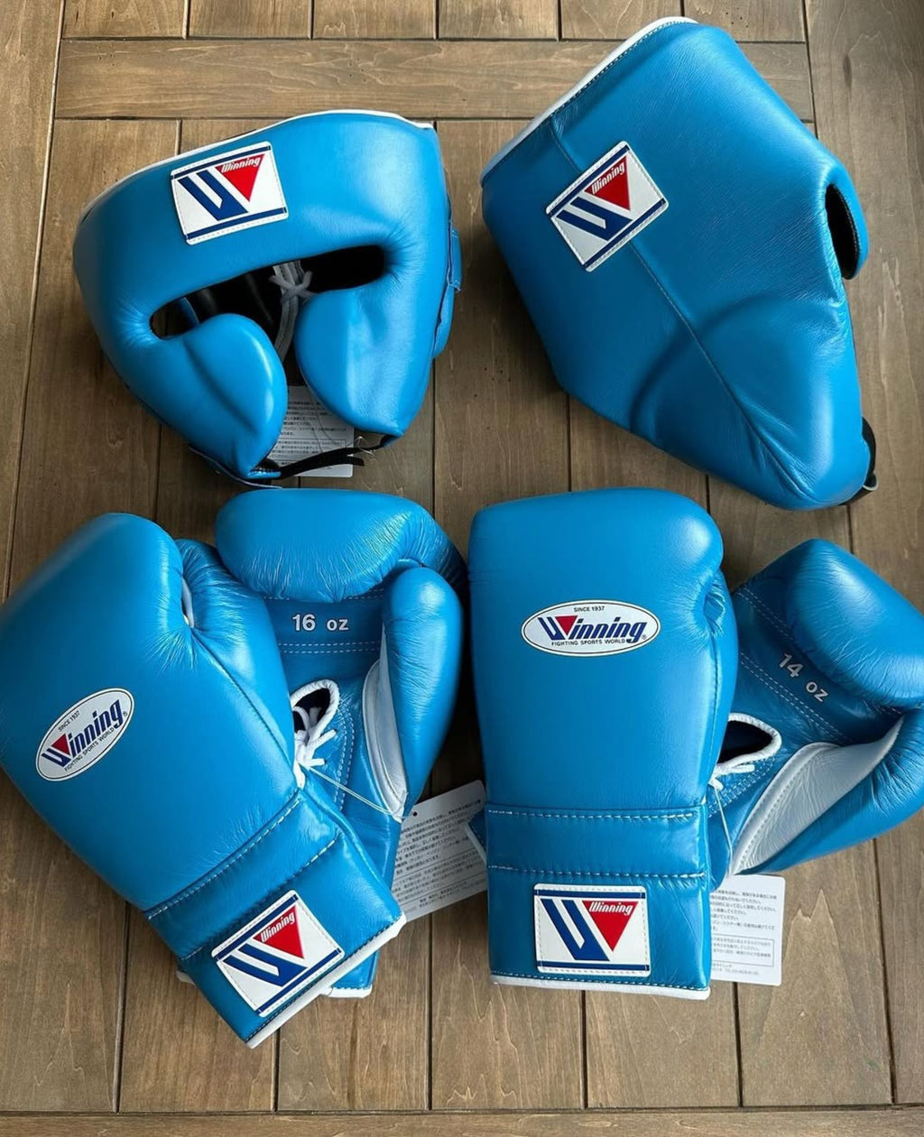 Winning Boxing Gloves set Sky Blue White Leather